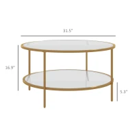 HOMCOM Side Table with Storage, 32" Round End Table, 2-Tier Tempered Glass Coffee Table with Steel Frame for Living Room, Gold(m-3)