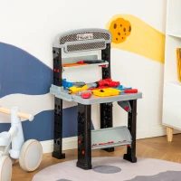 Qaba 2 in 1 Kids Workbench 79 Pcs Construction Playset Toy with Battery-Powered Drill, Hammer, Saw, Storage Tray for Ages 3+, Black and Gray(m-10)