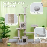 PawHut 73.5" Cat Tree Tower with Scratching Posts, Condos, Bed, Multi-Level Platforms, Toy Balls, for Indoor Cats, Light Grey(m-4)