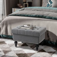 HOMCOM Ottoman with Storage for Living Room, 25" Storage Ottoman with Removable Lid, Button-Tufted Fabric Bench for Footrest and Seat with Wood Legs, Gray(m-10)