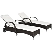 Outsunny Wicker Outdoor Chaise Lounge Chair Set of 3 with Side Table, 5-Level Adjustable Backrest PE Rattan Pool Lounge Chair with Wheels, Cushion & Headrest, Brown and Cream White(m-1)