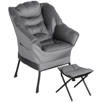 HOMCOM Lazy Chair and Ottoman Set, Fabric Upholstered Accent Chair with Side Pockets, for Living Room, Bedroom, Gray