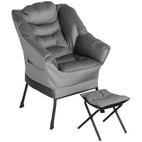 HOMCOM Lazy Chair and Ottoman Set, Fabric Upholstered Accent Chair with Side Pockets, for Living Room, Bedroom, Gray(m-1)