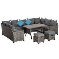 Outsunny 6 Piece Patio Furniture Set, PE Wicker Outdoor Furniture Conversation Set with 3 Sofas, 2 Ottomans and Slatted WPC Top Dining Table, All Weather Sectional Sofa Couch with Pillows, Gray(m-1)