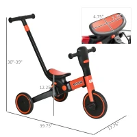 Aosom 4-in-1 Toddler Tricycle, Adjustable Balance Bike, Kids Bike, Baby Bicycle Push Trike for Kids 2-4 with Folding Trike Handle, Outdoor Toy for Toddlers & Kindergarteners, Red(m-3)