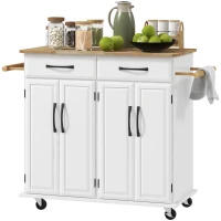 HOMCOM Kitchen Island on Wheels with Rubberwood Top, Rolling Kitchen Cart with 2 Drawers, 4 Doors and Adjustable Shelves(m-2)