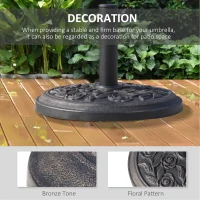 Outsunny 18" 20 lbs Round Resin Umbrella Base Stand Market Parasol Holder with Decorative Rose Floral Pattern & Easy Setup, for Φ1.5", Φ1.89" Pole, for Lawn, Deck, Backyard, Garden, Bronze(m-5)