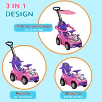 Qaba 3 in 1 Kids Push Car Toddler Sliding Car, Foot to Floor Design with Music, Light, Handle, Removable Canopy, Pink(m-4)