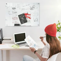 Vinsetto 35.5" x 23.5" Glass Magnetic Dry Erase Whiteboard, Frameless Board on Wall, with Dry Eraser, 4 Markers, and Pen Holder, White(m-9)