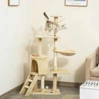 PawHut 53" Cat Tree Tower, Kitten Activity Centre with Scratching Posts, Condo, Perches, Ladder, Hammock, Dangling Toys, Beige(m-1)