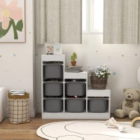 Qaba 3 Layers Toy Storage Organizer Kids Bookshelf Children Toy Storage w/ 6 Plastic Bins, Grey(m-9)