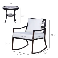 Outsunny 3 Piece Patio Rocking Bistro Set, Outdoor PE Rattan Wicker Rocking Chairs with Cushioned, Pillows, Two-Tier Glass Storage Shelf Coffee Table, Cream White(m-3)