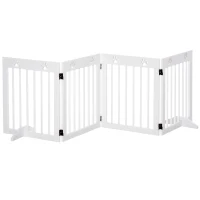 PawHut Freestanding Pet Gate 4 Panel Wooden Dog Barrier Folding Safety Fence with Support Feet up to 80.25" Long 24" Tall for Doorway Stairs White(m-2)