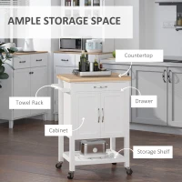 HOMCOM Kitchen Storage Cabinet Trolley Serving Cart Rubber Wood top Rolling Kitchen Island with Towel Rack and Drawer White(m-5)