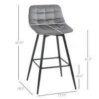 HOMCOM Bar Stools Set of 2, Fabric Upholstered Counter Height Bar Chairs, Kitchen Chairs with Back and Metal Legs, Grey(m-3)