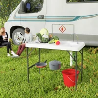 Outsunny Folding Fish Cleaning Table with Sink, Portable Camping Table with Faucet, Drainage Hose, Sprayer and Shelf, White(m-10)