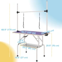 PawHut Adjustable Dog Grooming Table with 2 Safety Slings, Storage Basket, Purple(m-3)