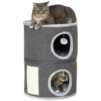 PawHut 2-Story Cat Condo Barrel Tree with Top Perch, 2 Hideaways, Scratching Board, Removable Cushions, Toy Balls, Dark Grey(m-11)
