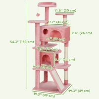 PawHut 54" Cat Tree, Multi-Level Cat Tower with Scratching Posts, Cat Condos, Bed, Platforms, Ramp, Toy Ball, Pink(m-3)