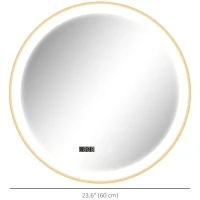 HOMCOM 24" Round Bathroom Mirror with LED Lights, Wall Mounted Vanity Mirror with Anti-Fog Pad, Time and Temp Display, Gold(m-3)