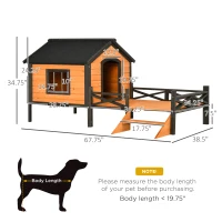 PawHut Outdoor Dog House with Porch, Wooden Dog Kennel with Water-resistant Asphalt Roof, Ladders, Fencing, Window, for Small and Medium Dog, Natural(m-3)