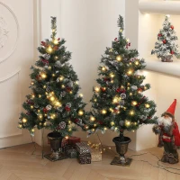 HOMCOM 4FT Pre-Lit Decorated Christmas Tree with Red Berries and Pine Cones Snow Flocked Christmas Tree with LED Lights Green(m-1)