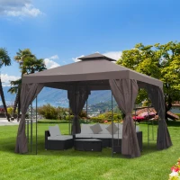 Outsunny 10' x 10' Patio Gazebo Outdoor, Canopy Shelter with Double-tier Roof, Pavilion Sidewalls for Garden Events, Brown(m-8)