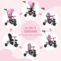 Aosom 6-in-1 Toddler Tricycle for 12-50 Months, Foldable Kids Trike with Adjustable Seat and Push Handle, Safety Harness, Removable Canopy, Footrest, Pink(m-4)