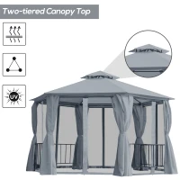 Outsunny 13ft Hexagon Gazebo Outdoor Canopy Shelter with Netting and Shaded Curtains Grey(m-4)