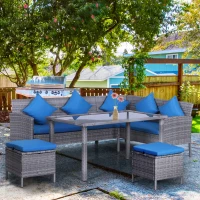 Outsunny 5 Pieces Wicker Patio Conversation Dining Furniture Set with Cushions, Table and Ottomans, Bright Blue(m-1)
