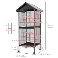 PawHut Wrought Metal Bird Cage Feeder with Rolling Stand Perches Food Containers Doors Wheels 67" H, Black(m-3)