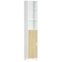 kleankin Tall Bathroom Storage Cabinet, Free Standing Bathroom Cabinet Slim Side Organizer w/ 3-Tier Open Shelf, Door, White(m-2)