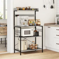 HOMCOM Kitchen Baker's Rack with Power Outlet, Coffee Bar Station with Adjustable Shelves and Hooks, Distressed Grey(m-1)