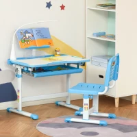 Qaba Kids Desk and Chair Set Height Adjustable Student Writing Desk Children School Study Table with Tilt Desktop, LED Lamp, Pen Box, Drawer, Reading Board, Cup Holder, Blue(m-8)