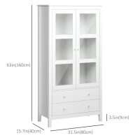HOMCOM Kitchen Pantry Cabinet, Freestanding Storage Cabinet with 3-tier Shelves, 2 Drawers and Glass Doors, White(m-3)