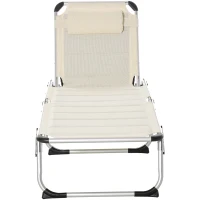 Outsunny Folding Lounge Chair Outdoor 5-Level Reclining Chaise Lounge Chair Outdoor Camping Tanning Chair with Aluminum Frame, Padding, and Headrest for Beach, Yard, Patio, Pool, White(m-7)