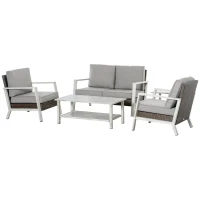 Outsunny Aluminum Patio Furniture Set, 5 Piece Modern Outdoor Conversation Set with Loveseat Sofa, Chairs, Cushions, Coffee Table & Side Table, Gray(m-11)