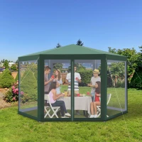 Outsunny Φ13' Hexagon Party Tent Patio Gazebo Outdoor Activity Event Canopy Quick Sun Shelter Pavilion with Netting Mesh Sidewall Green(m-1)