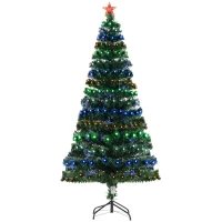 HOMCOM 6' Tall Prelit Full Fir Artificial Christmas Tree with Realistic Branches, 230 Green/Red/Blue  Fiber Optic Lights and 230 Tips(m-11)