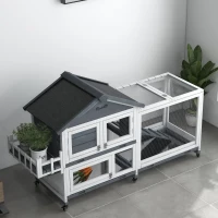 PawHut 65" Wooden Rabbit Hutch, Pet Playpen with Openable Roof & Storage Box for Rabbits and Small Animals, Gray(m-8)