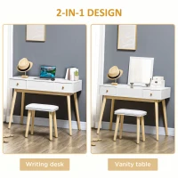 HOMCOM Makeup Vanity Desk with Flip Top Mirror and Cushioned Stool, Dressing Table Writing Desk with 2 Drawers and Storage Grids for Bedroom (White)(m-4)