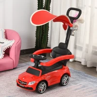 Aosom 2 in 1 Push Car for Toddlers for 1-3 Years Old, Officially Licensed AMG C63 Baby Car, Kids Stroller Sliding Car with Sun Canopy Foot Rest Horn Sound Safety Bar Cup Holder, Red(m-8)