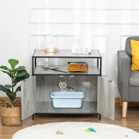 PawHut Wooden Cat Litter Box Enclosure, Hidden Kitten Washroom, Indoor End Table with Magnetic Doors & Storage Shelves, Gray(m-2)