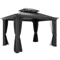 Outsunny 10' x 12' Outdoor Hardtop Gazebo with Galvanized Steel Canopy & Netting Sidewalls for Lawn, Backyard, Dark Grey(m-2)