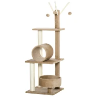 PawHut Cat Tree for Indoor Cats Cat Condo Kitty Tower with Scratching Post, Elevated Fun Cat Beds, Tunnel, Cat String Toys, 16" x 16" x 48", Light Brown(m-1)