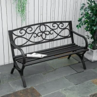 Outsunny 50" 2-Seater Outdoor Garden Bench Antique Loveseat with Armrest for Yard, Lawn, Porch, Patio, Steel/ Black(m-8)