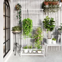 Outsunny Metal Tall Plant Stand with Trellis and Hanging Bar, Plant Holder for Indoor Outdoor Use, 35" x 12.8" x 74", White(m-6)