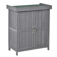 Outsunny Wooden Garden Tool Storage Shed Kit with Hinged Roof, 2-Tier Shelves and Double Doors, 74x43x88cm, Dark Grey(m-2)