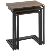 HOMCOM Nesting End Tables Set of 3, Industrial C-Shaped Snack Side Table with Steel Frame for Sofa Couch, Bed, Living Room, Rustic Brown(m-12)