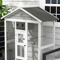 PawHut 65" Bird Cage Large 2 Doors Wooden Aviary for Canary with Standing Pole Nest Slide-out Tray, for Indoor Outdoor, Grey(m-10)